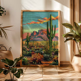 Vintage Postcard Style Desert Landscape Saguaro Art Print: 12″×18″