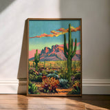 Vintage Postcard Style Desert Landscape Saguaro Art Print: 12″×18″