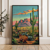 Vintage Postcard Style Desert Landscape Saguaro Art Print: 12″×18″