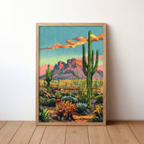 Vintage Postcard Style Desert Landscape Saguaro Art Print: 12″×18″