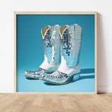 Disco Ball White Cowboy Boot Print: 14″×14″