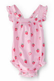 Sweet Strawberries Ruffle Cross Back Romper: 6-12M