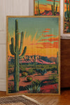 Vintage Postcard Colorful Desert Landscape Saguaro Art Print Cactus Sunburst Print: 20″×30″