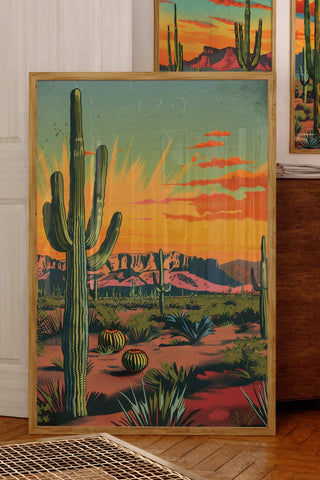 Vintage Postcard Colorful Desert Landscape Saguaro Art Print Cactus Sunburst Print: 20″×30″