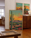 Vintage Postcard Colorful Desert Landscape Saguaro Art Print Cactus Sunburst Print: 20″×30″