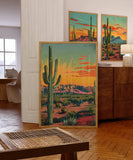 Vintage Postcard Colorful Desert Landscape Saguaro Art Print Cactus Sunburst Print: 20″×30″