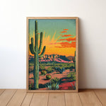 Vintage Postcard Colorful Desert Landscape Saguaro Art Print Cactus Sunburst Print: 20″×30″