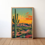 Vintage Postcard Colorful Desert Landscape Saguaro Art Print Cactus Sunburst Print: 20″×30″