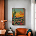 Vintage Postcard Colorful Desert Landscape Saguaro Art Print Cactus Sunburst Print: 20″×30″