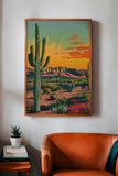 Vintage Postcard Colorful Desert Landscape Saguaro Art Print Cactus Sunburst Print: 20″×30″