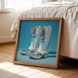 Disco Ball White Cowboy Boot Print: 14″×14″