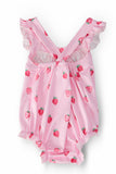 Sweet Strawberries Ruffle Cross Back Romper: 6-12M