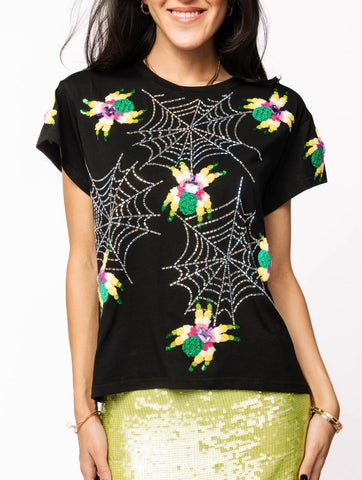 QOS Black Sparkle Spider Tee