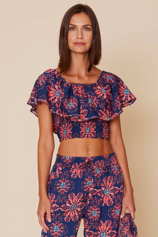 Smocked Ruffle Crop Top in Navy